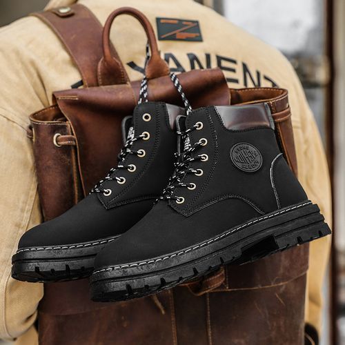 Motorcycle Boots Men High-top Shoes Fashion Trend All-match Leather Martin Boots For Man Outdoor Casual Work Shoes Lace-Up Male Winter Ankle Boots Black