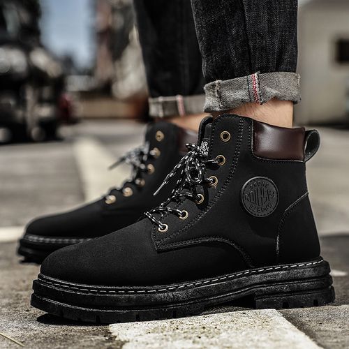 Motorcycle Boots Men High-top Shoes Fashion Trend All-match Leather Martin Boots For Man Outdoor Casual Work Shoes Lace-Up Male Winter Ankle Boots Black