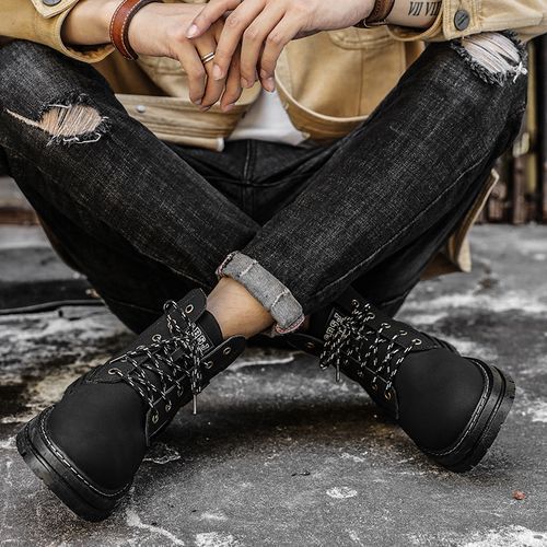 Motorcycle Boots Men High-top Shoes Fashion Trend All-match Leather Martin Boots For Man Outdoor Casual Work Shoes Lace-Up Male Winter Ankle Boots Black