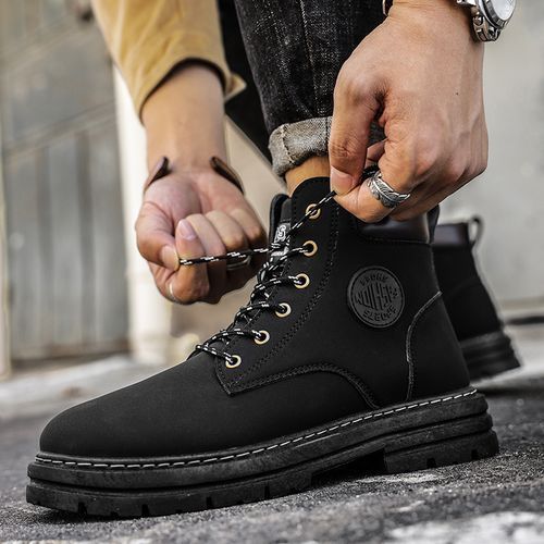 Motorcycle Boots Men High-top Shoes Fashion Trend All-match Leather Martin Boots For Man Outdoor Casual Work Shoes Lace-Up Male Winter Ankle Boots Black