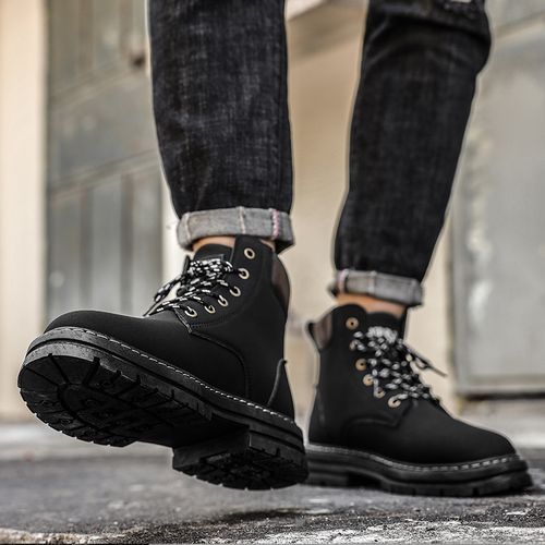 Motorcycle Boots Men High-top Shoes Fashion Trend All-match Leather Martin Boots For Man Outdoor Casual Work Shoes Lace-Up Male Winter Ankle Boots Black
