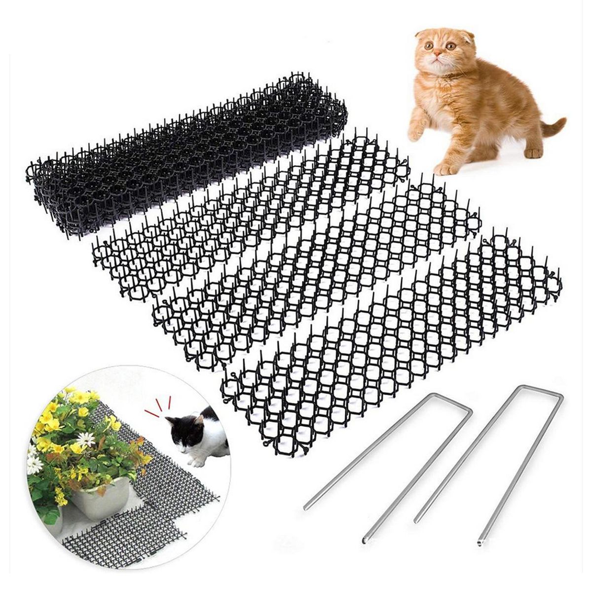 10Pcs Repellent Mats + 10Pcs U Shape Nails Garden Prickle Strip Dig Stop Cat Dog Repellent Deterrent Mat Spike Garden Supplies