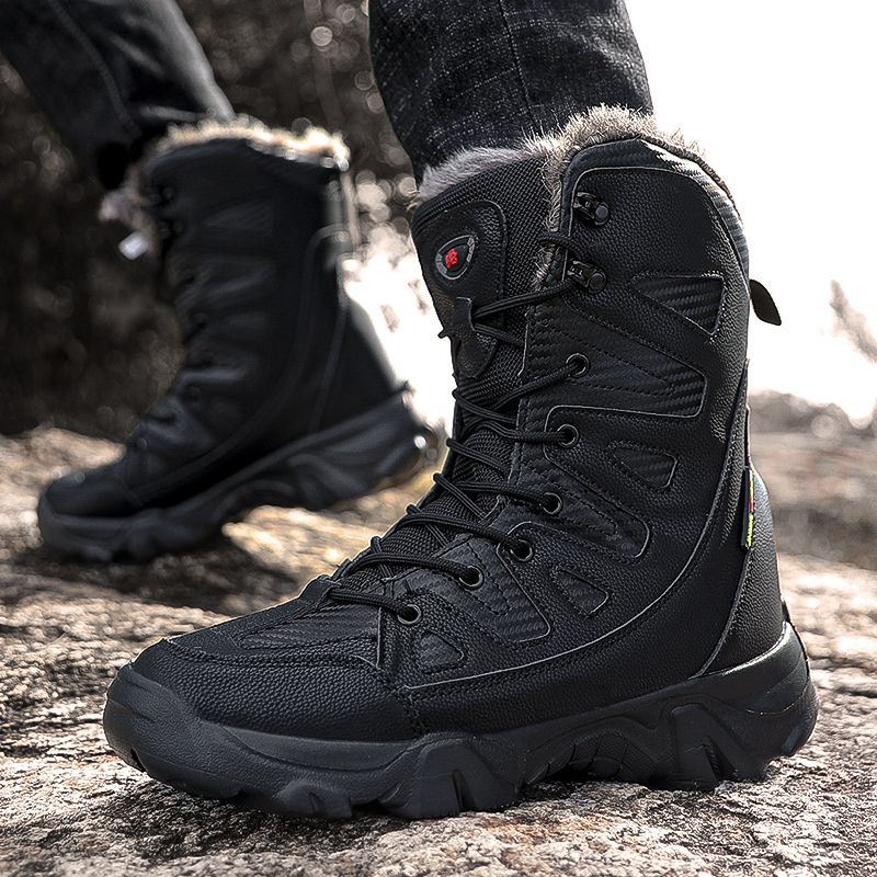 Winter Men's Boots Large Size Plush Warm Snow Boots Outdoor Fashionable Combat Boots Army Boots Classic Black Platform Men Shoes-Black