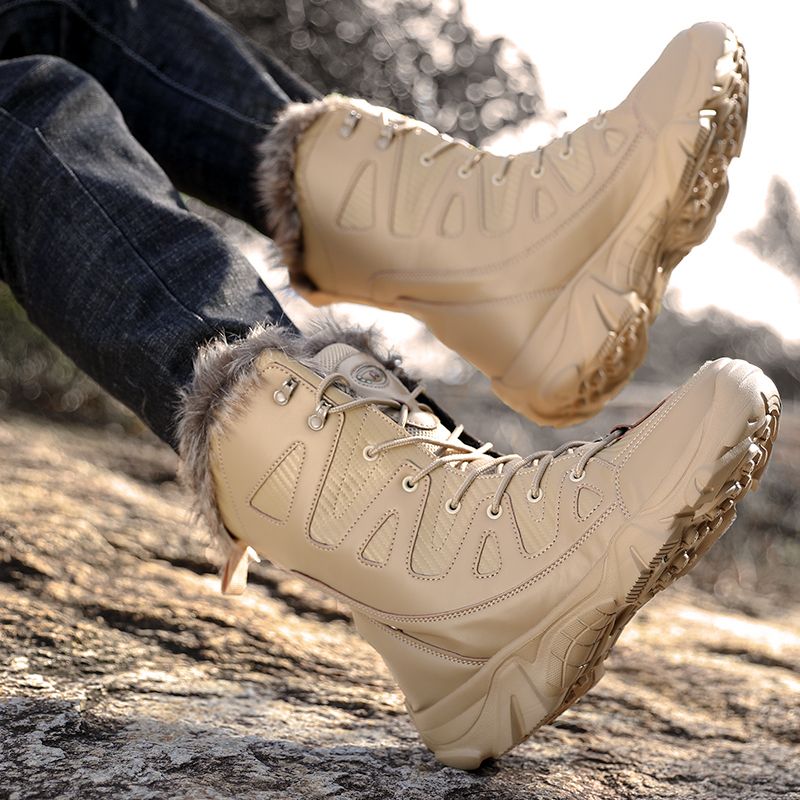 Winter Men's Boots Large Size Plush Warm Snow Boots Outdoor Fashionable Combat Boots Army Boots Classic Black Platform Men Shoes-Black