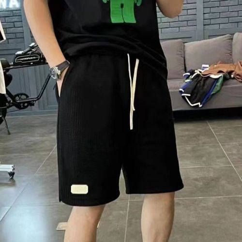 Men's Shorts Beach Pants Ice Silk Printed Casual Pants Handsome All-Match Black1