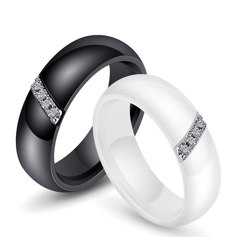 Simple Nano Ceramic Ring Trend Titanium Steel With Zircon Rings, Size:8(Black)
