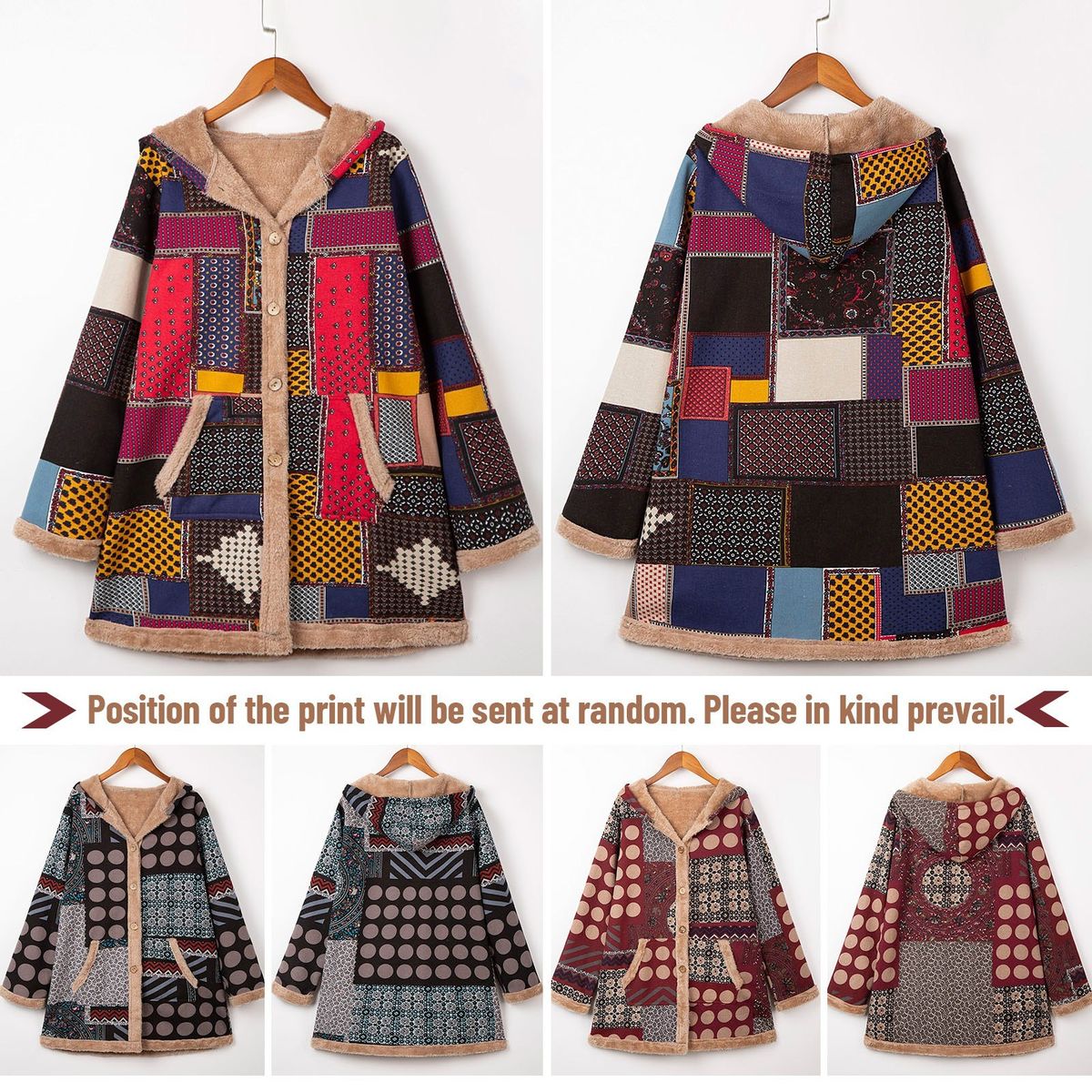 Women Plus Size Coat Hooded Fluffy Faux Fur Lined Vintage Print Winter Jacket Overcoat-grey