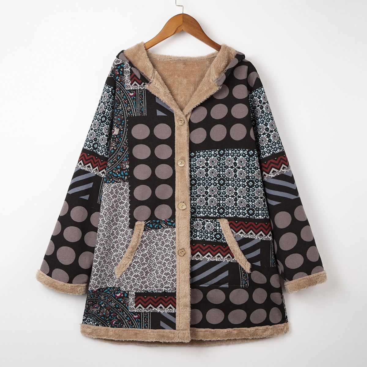 Women Plus Size Coat Hooded Fluffy Faux Fur Lined Vintage Print Winter Jacket Overcoat-grey