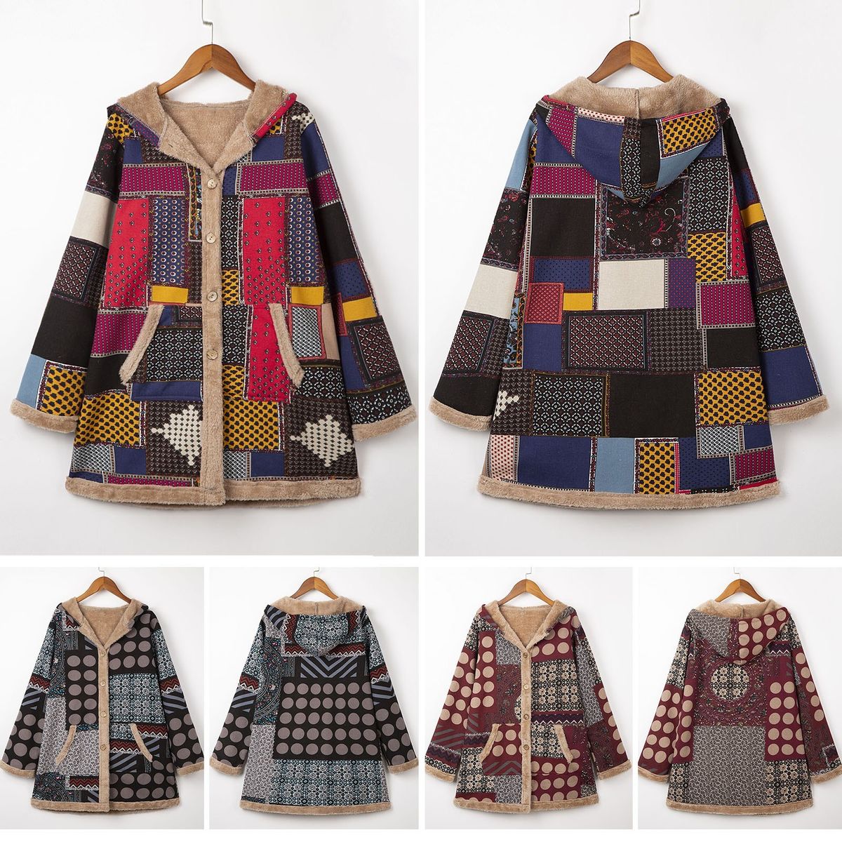 Women Plus Size Coat Hooded Fluffy Faux Fur Lined Vintage Print Winter Jacket Overcoat-grey