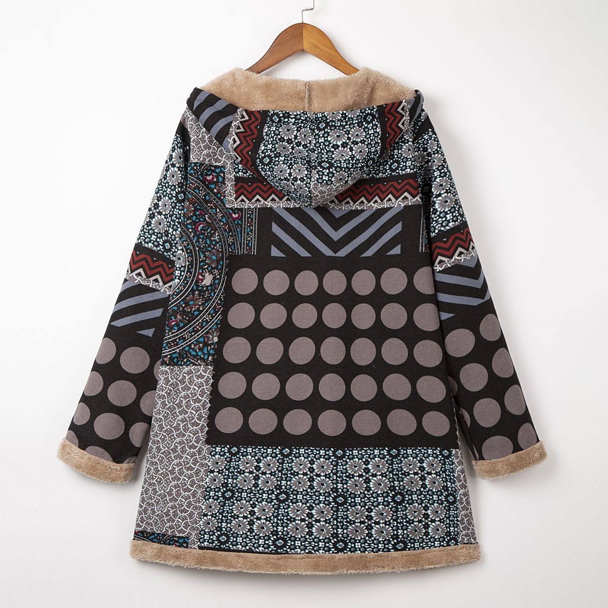 Women Plus Size Coat Hooded Fluffy Faux Fur Lined Vintage Print Winter Jacket Overcoat-grey
