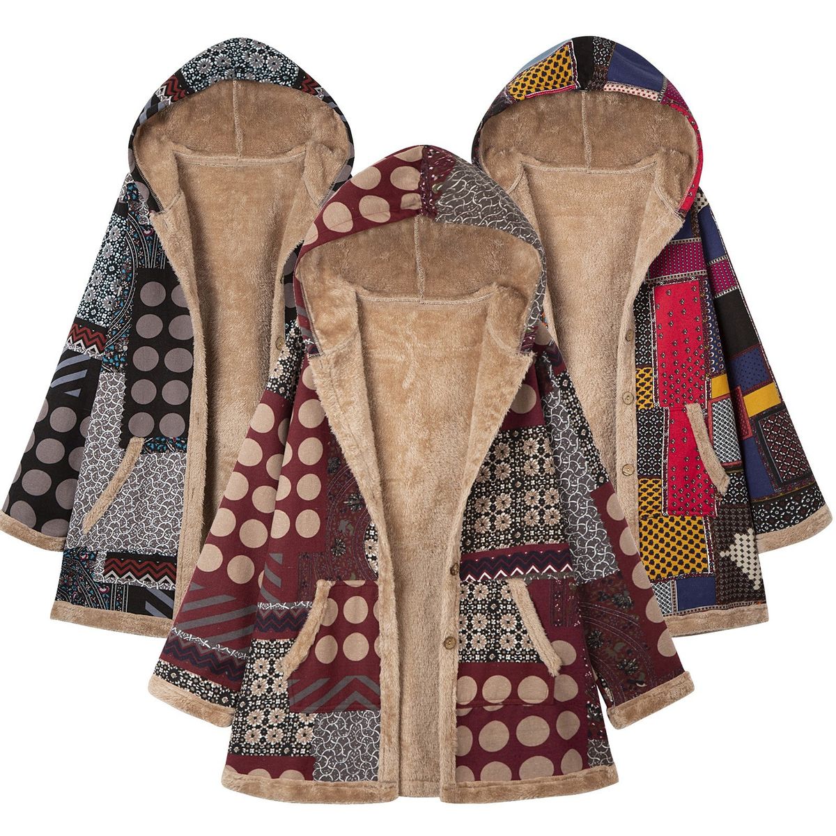 Women Plus Size Coat Hooded Fluffy Faux Fur Lined Vintage Print Winter Jacket Overcoat-grey