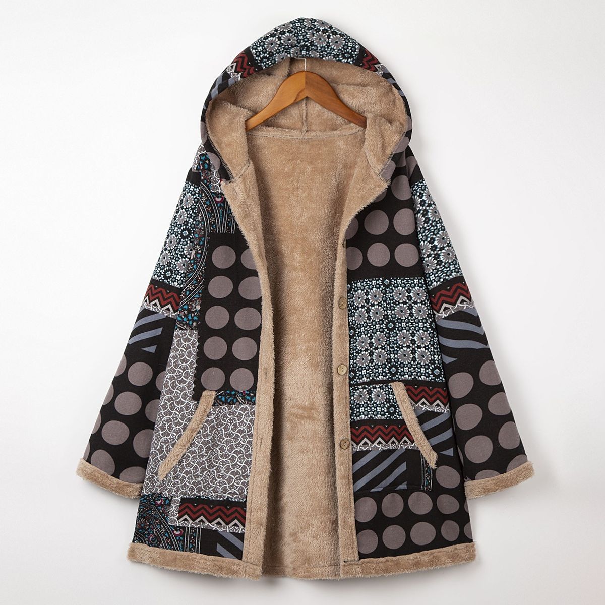 Women Plus Size Coat Hooded Fluffy Faux Fur Lined Vintage Print Winter Jacket Overcoat-grey