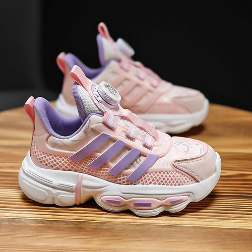 Light PU Leather Shoes For Girls Rotating Buckle Kids Sneakers Pink