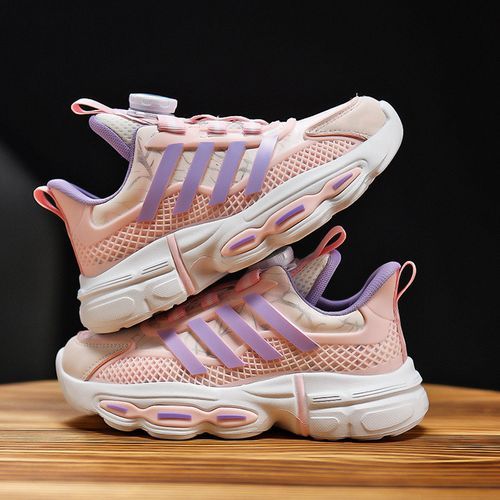 Light PU Leather Shoes For Girls Rotating Buckle Kids Sneakers Pink