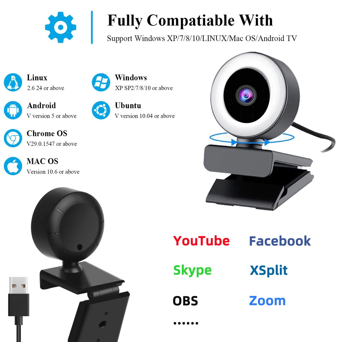 1080P Full HD Webcam AF Web Camera Built In Adjustable Ring