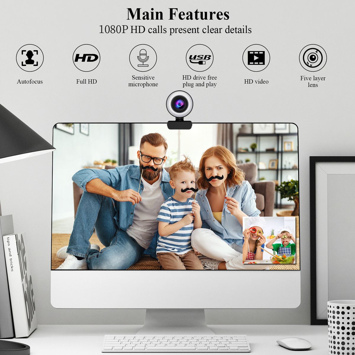 1080P Full HD Webcam AF Web Camera Built In Adjustable Ring