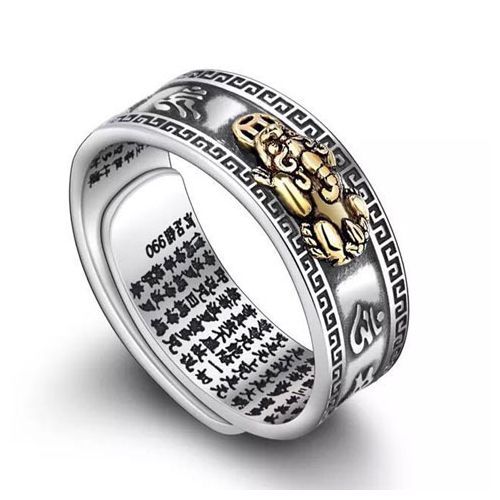 Silver Feng Shui PiXiu MANI Mantra Protection Wealth Ring Adjustable Ring Gift For Men Women