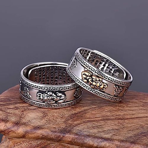 Silver Feng Shui PiXiu MANI Mantra Protection Wealth Ring Adjustable Ring Gift For Men Women