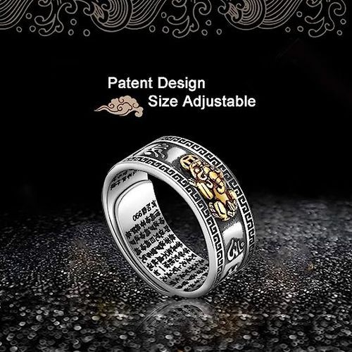 Silver Feng Shui PiXiu MANI Mantra Protection Wealth Ring Adjustable Ring Gift For Men Women