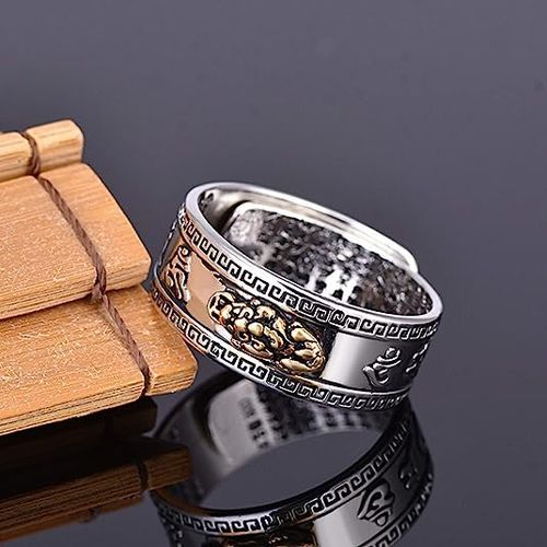 Silver Feng Shui PiXiu MANI Mantra Protection Wealth Ring Adjustable Ring Gift For Men Women