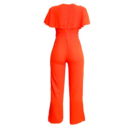 Cape Chiffon Flare Leg Jumpsuit - Red