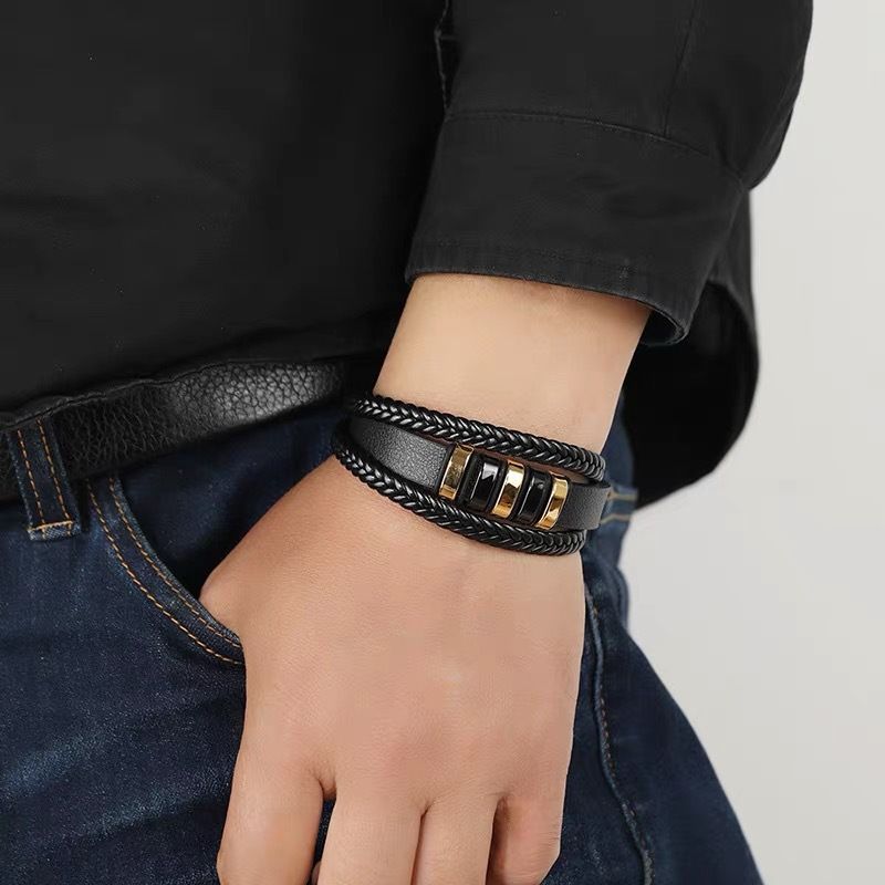 Men's Classic 3-Layer Weave Bracelet - Vintage Style, Black And Gold