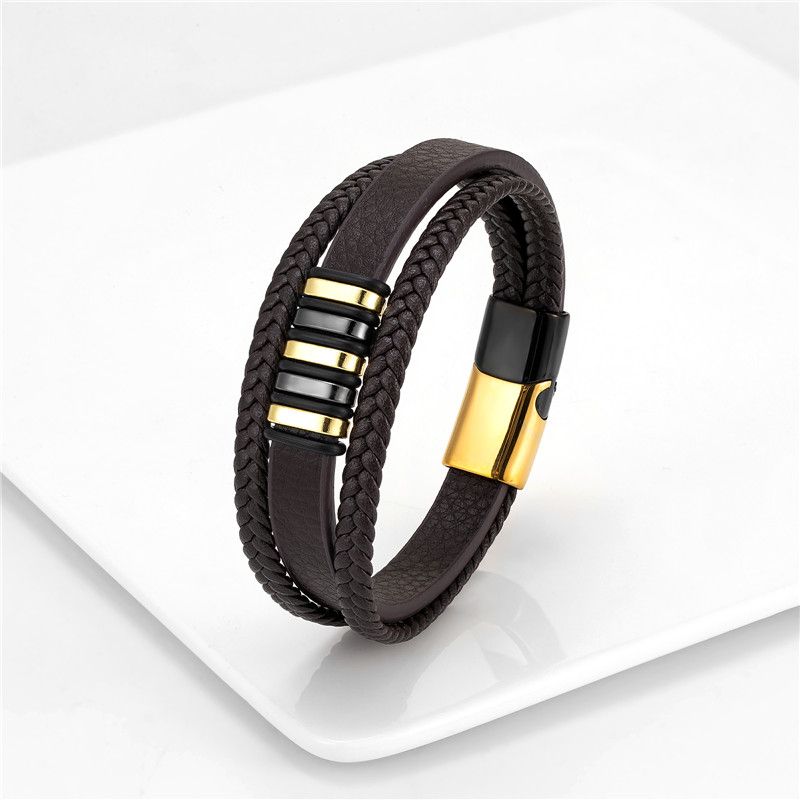 Men's Classic 3-Layer Weave Bracelet - Vintage Style, Black And Gold