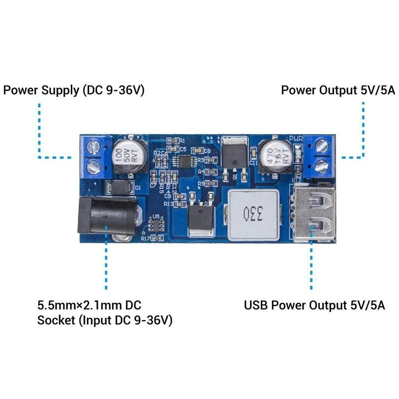 DC 6V 9V 12V 24V to DC 5V 5A Buck Converter Module,9 to 36V Step Down to USB 5V Transformer Dual Output Voltage Regulator