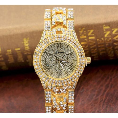 Men's Gold-Plated Fully Studded Watch - Gold