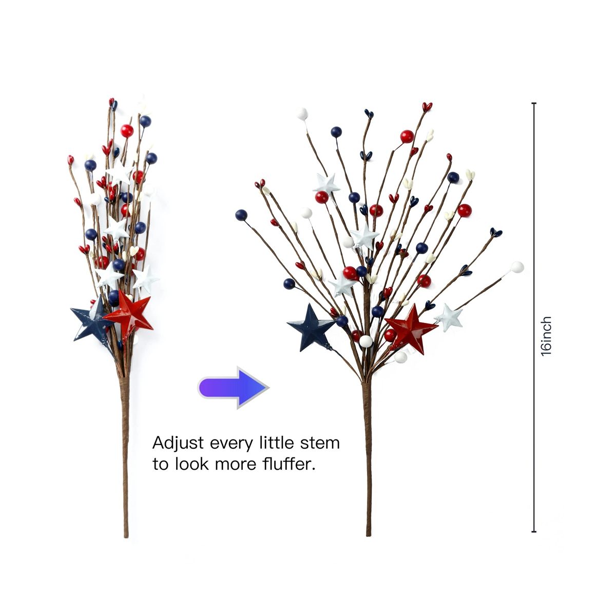 6PCS 16Inch Artificial Berry Stem Picks Patriotic Pip Berry for 4Th of July Independence Day Memorial Day Decoration