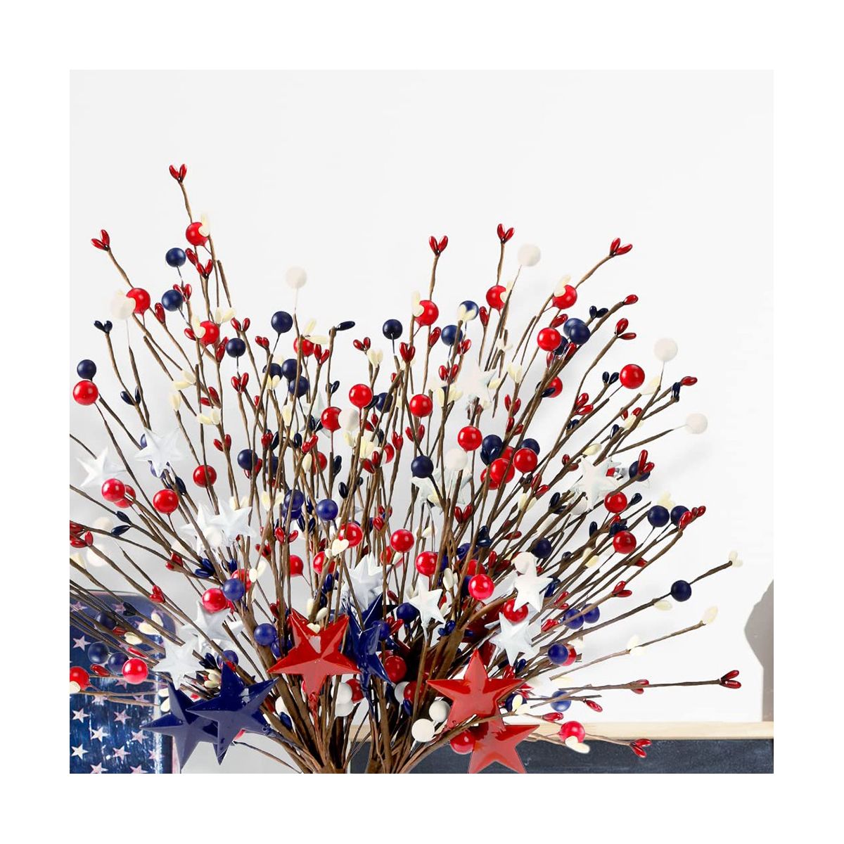 6PCS 16Inch Artificial Berry Stem Picks Patriotic Pip Berry for 4Th of July Independence Day Memorial Day Decoration