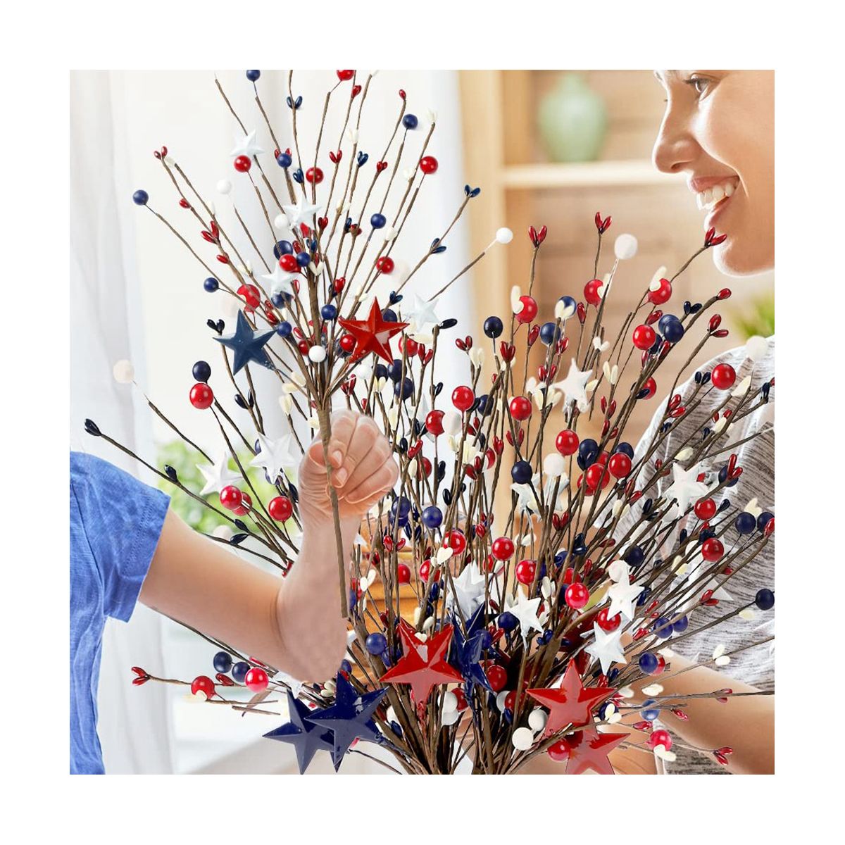 6PCS 16Inch Artificial Berry Stem Picks Patriotic Pip Berry for 4Th of July Independence Day Memorial Day Decoration