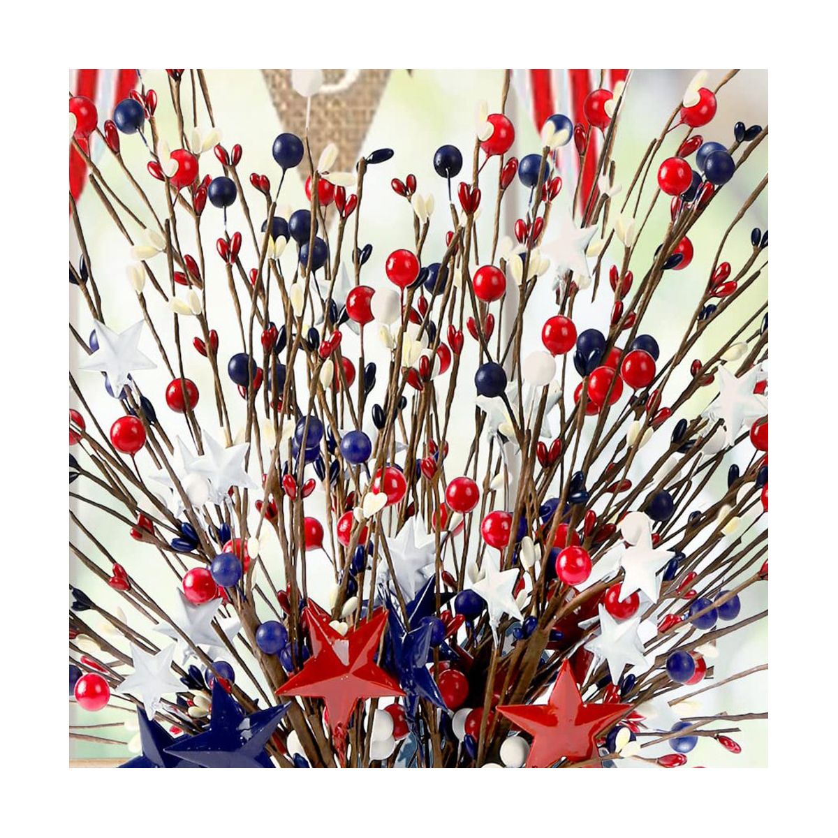 6PCS 16Inch Artificial Berry Stem Picks Patriotic Pip Berry for 4Th of July Independence Day Memorial Day Decoration