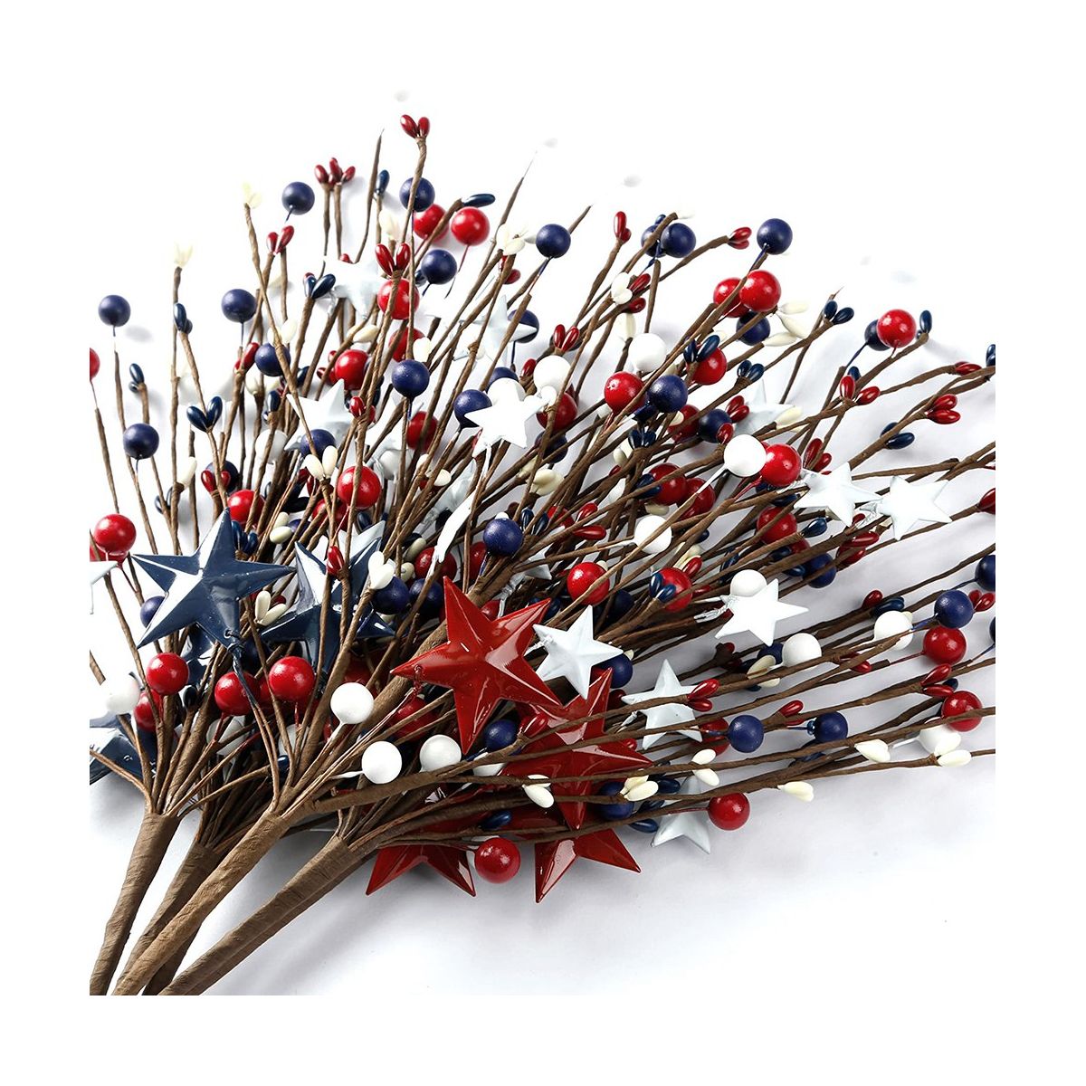 6PCS 16Inch Artificial Berry Stem Picks Patriotic Pip Berry for 4Th of July Independence Day Memorial Day Decoration