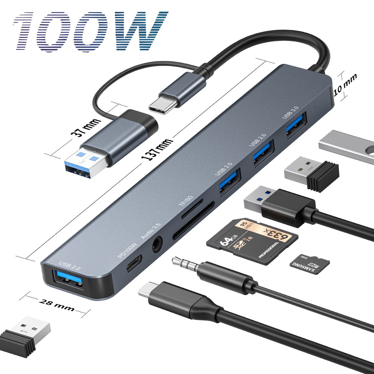 BYL-2303 8 In 1 Adapter Expansion Dock  USB2.0/3.0 PD Ports TF SD Card Slots