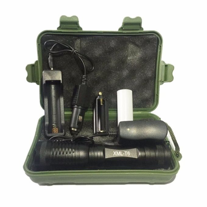 FFY LED Flashlight Torchlight Aluminum Zoomable Waterproof TorchLight Black + Car Charger + US Charger + Protective Case Box