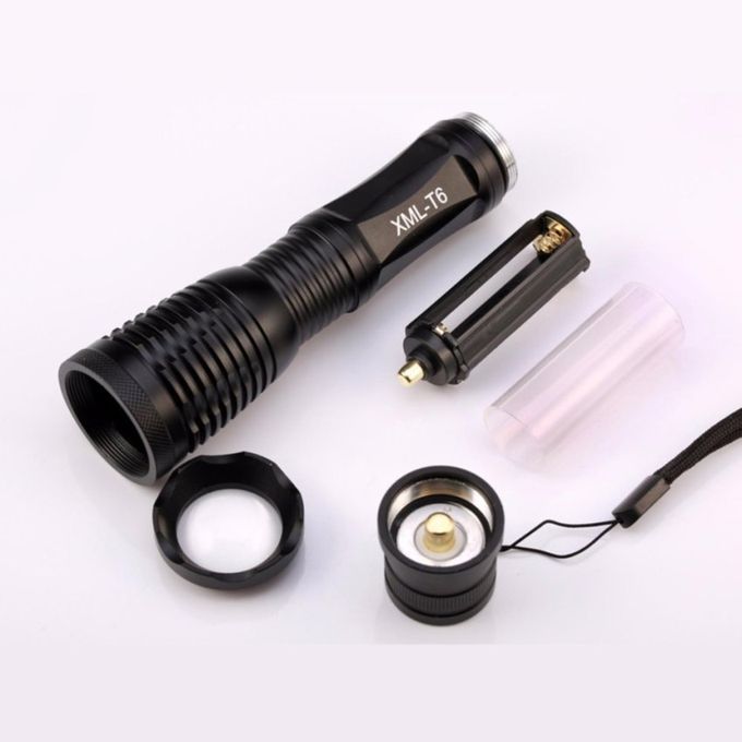FFY LED Flashlight Torchlight Aluminum Zoomable Waterproof TorchLight Black + Car Charger + US Charger + Protective Case Box