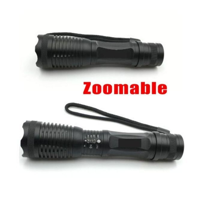 FFY LED Flashlight Torchlight Aluminum Zoomable Waterproof TorchLight Black + Car Charger + US Charger + Protective Case Box