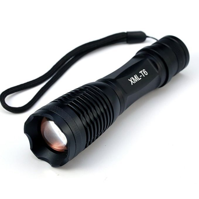 FFY LED Flashlight Torchlight Aluminum Zoomable Waterproof TorchLight Black + Car Charger + US Charger + Protective Case Box