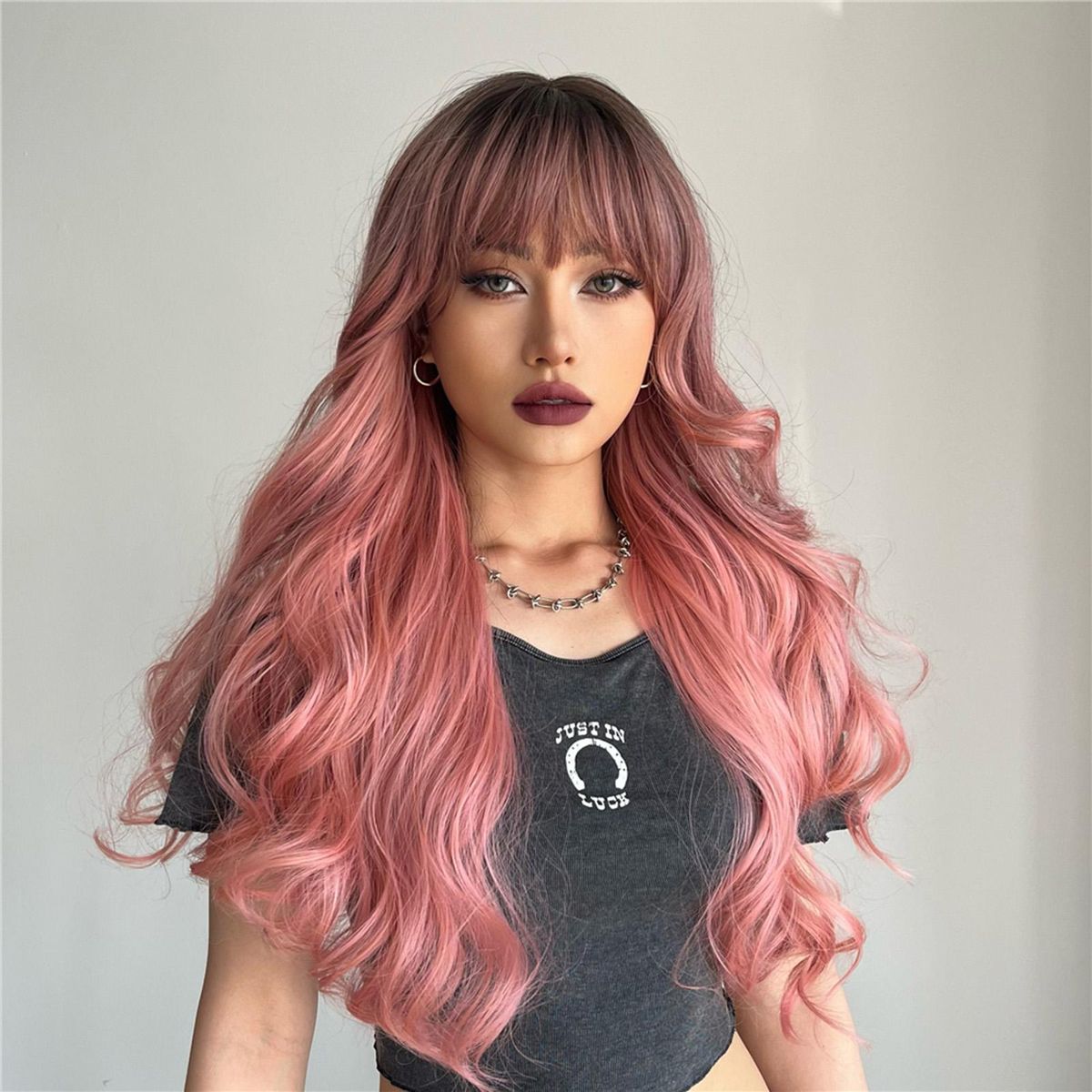 Synthetic Wig Pink Curly Wavy Wig Long Hairpiece