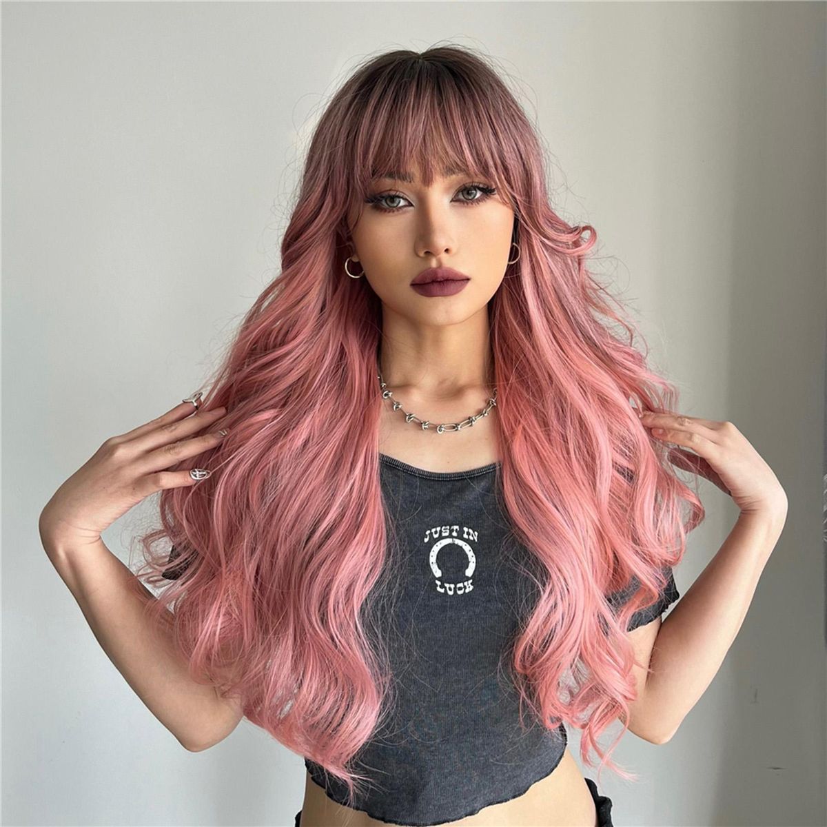 Synthetic Wig Pink Curly Wavy Wig Long Hairpiece