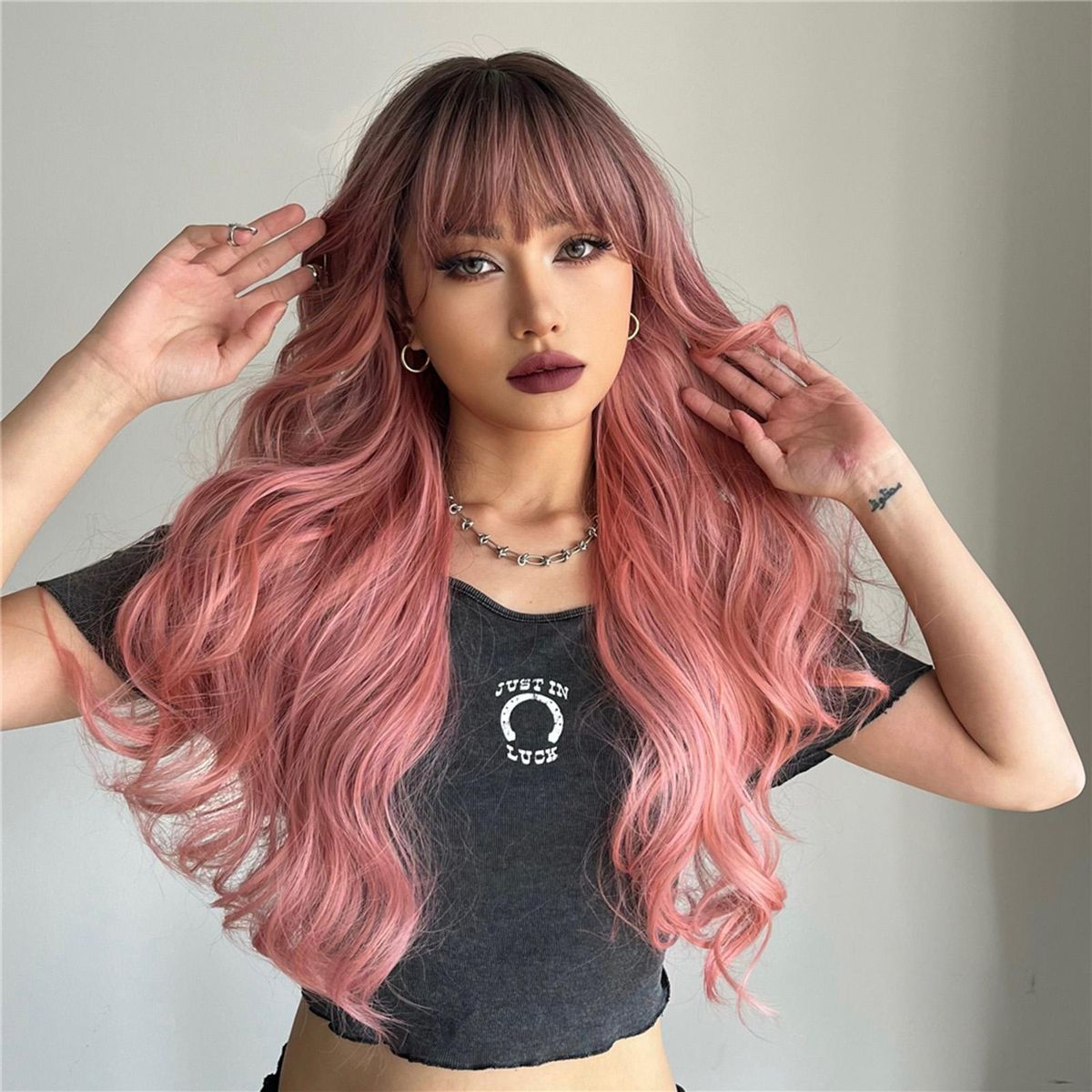 Synthetic Wig Pink Curly Wavy Wig Long Hairpiece