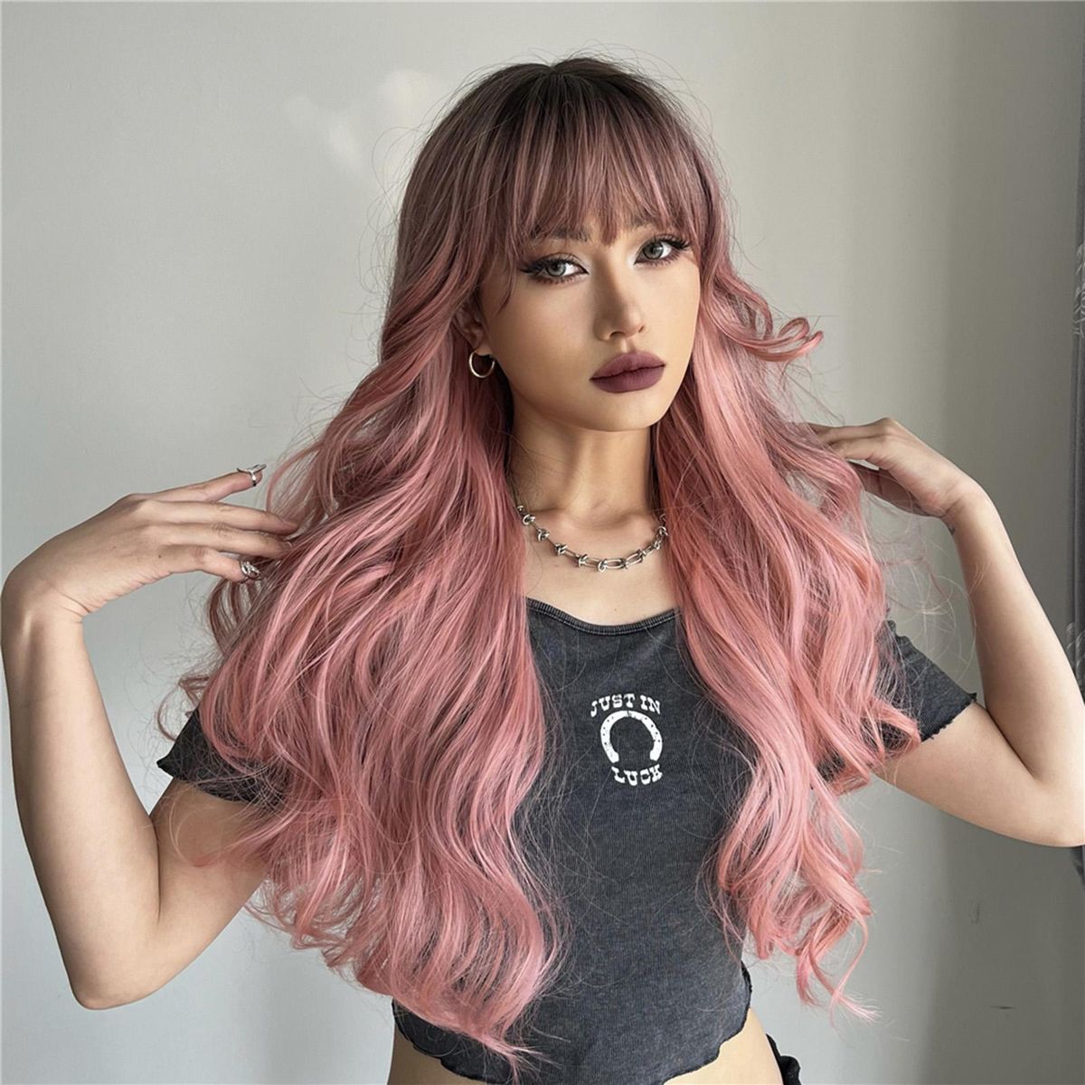 Synthetic Wig Pink Curly Wavy Wig Long Hairpiece