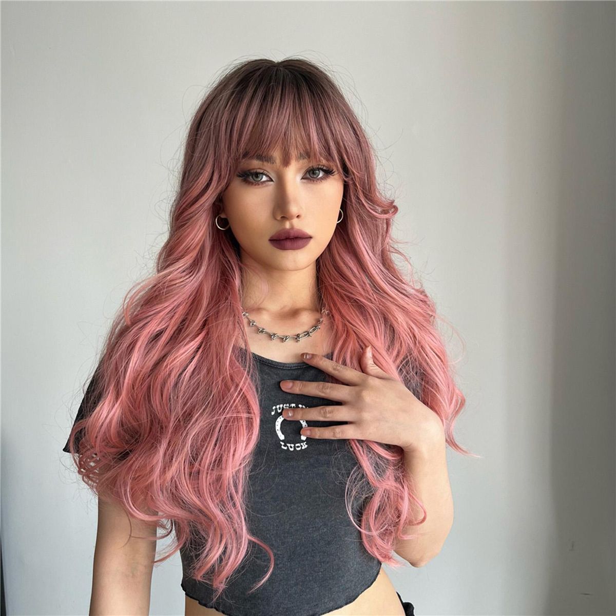Synthetic Wig Pink Curly Wavy Wig Long Hairpiece