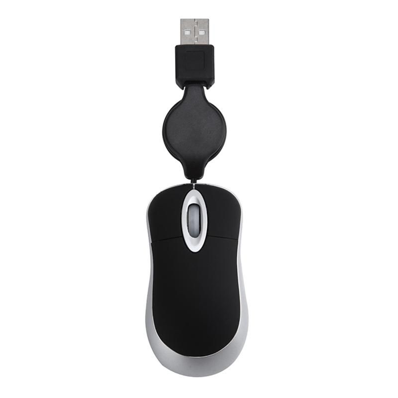 Mini USB Wired Mouse Retractable Cable Tiny Small Mouse 1600 DPI Optical Compact Travel Mice for Windows 98 2000 XP Vista Ve Black
