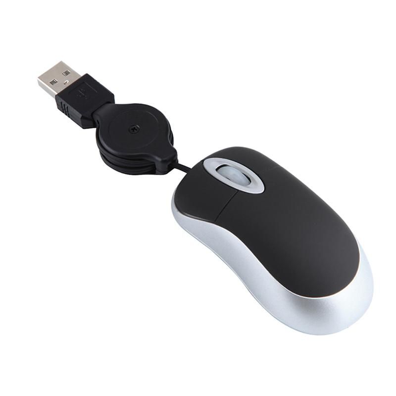 Mini USB Wired Mouse Retractable Cable Tiny Small Mouse 1600 DPI Optical Compact Travel Mice for Windows 98 2000 XP Vista Ve Black