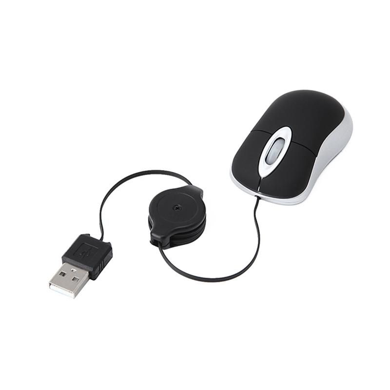 Mini USB Wired Mouse Retractable Cable Tiny Small Mouse 1600 DPI Optical Compact Travel Mice for Windows 98 2000 XP Vista Ve Black