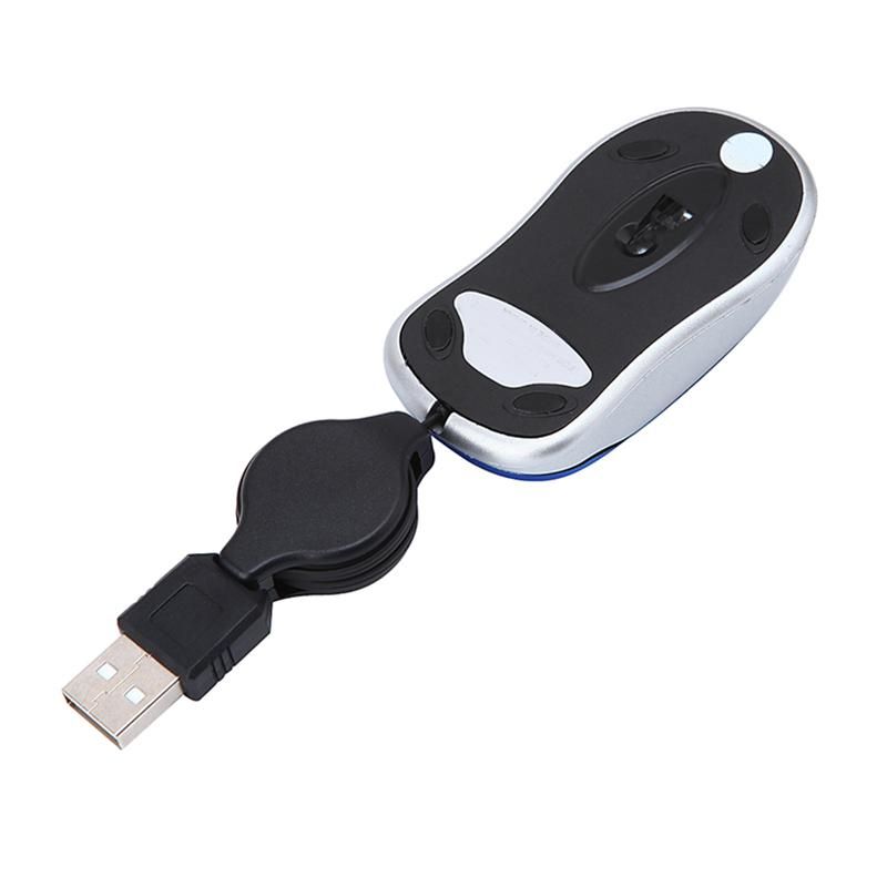 Mini USB Wired Mouse Retractable Cable Tiny Small Mouse 1600 DPI Optical Compact Travel Mice for Windows 98 2000 XP Vista Ve Black