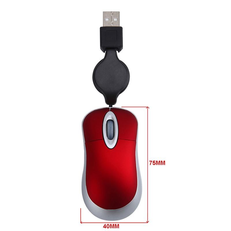 Mini USB Wired Mouse Retractable Cable Tiny Small Mouse 1600 DPI Optical Compact Travel Mice for Windows 98 2000 XP Vista Ve Black