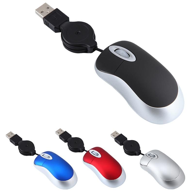 Mini USB Wired Mouse Retractable Cable Tiny Small Mouse 1600 DPI Optical Compact Travel Mice for Windows 98 2000 XP Vista Ve Black